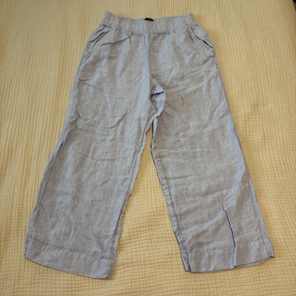 Tahari Women Small Linen Pants Blue Cropped Pull On Wide Leg Coastal Beach